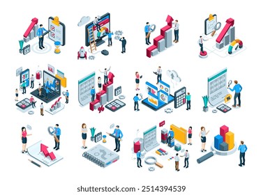 isometric vector set of business people working with charts and diagrams and documents, in color on white background, work with statistical and financial data or success strategy