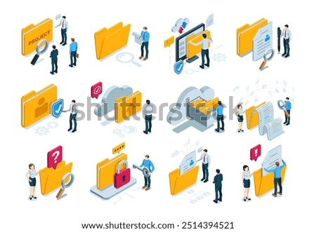 isometric vector set of business people working with folders and documents, in color on white background, teamwork or working with documents and folders