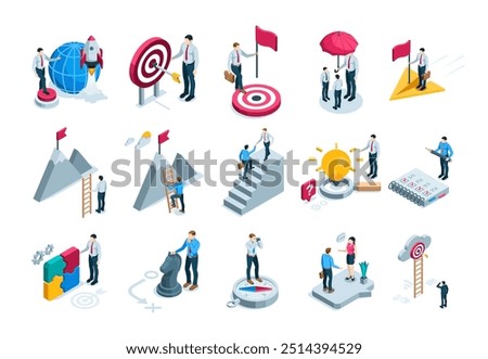 isometric vector set of business people and objects, in color on white background, business concepts