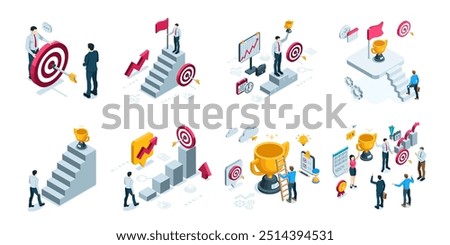 isometric vector set of business people with a trophy rejoice in the victory in the competition, in color on a white background, target with an arrow and chart, victory or success of the whole team