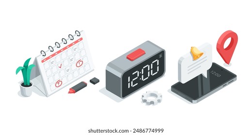 isometric vector set of calendar and electronic clock next to smartphone, in color on white background, work day planning or time organization