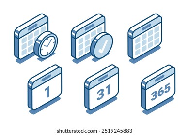 isometric vector set calendars linear icons, in color on white background, time or business day