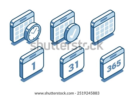isometric vector set calendars linear icons, in color on white background, time or business day
