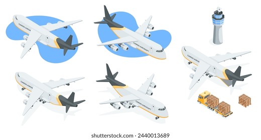 Isometrischer Vektor-Satz von Frachtflugzeugen, in Farbe auf weißem Hintergrund, Transport oder Lieferung von Waren auf dem Luftweg