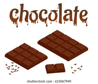 Isometric vector Set of chocolate bars isolated on white. Chocolate lettering design vector illustration. Liquid dark chocolate isolated on white background. 
