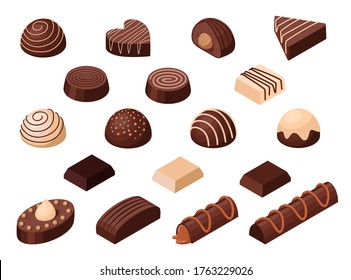 Isometric vector set of chocolate candies different types and forms. Isolated on white background. Sweet food vector illustration.