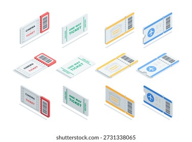 Isometric vector set of cinema and museum tickets, as well as travel and flight tickets, in color on a white background. Purchase tickets online or at the box office.