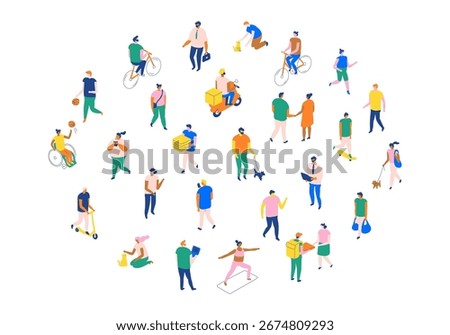 Isometric vector set of city people in daily urban activities: cycling, work, delivery, yoga, walking, shopping, pets, and outdoor fitness in modern lifestyle.