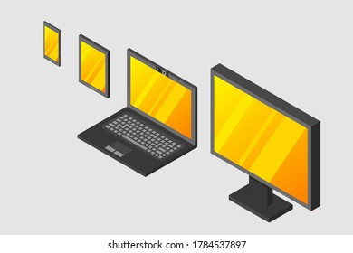 Isometric vector set of computer  laptop  tablet pc and smart-phone. 3d devices on modern background.