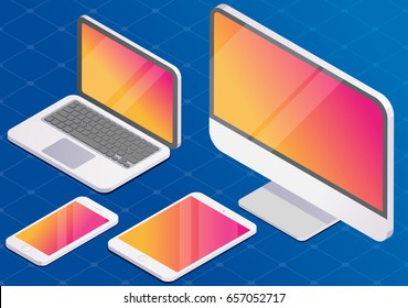 Isometric Vector Set Of Computer, Laptop, Tablet Pc And Smart-phone. 3d Devices On Modern Blue Background.