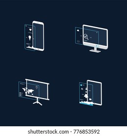 Isometric vector set of computer, laptop, tablet pc and smart-phone. 3d devices on  background.