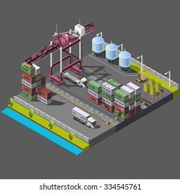 Isometric vector set with construction crane for loading, delivery and loading of containers. The territory of the port warehouse.3D isometric concept.