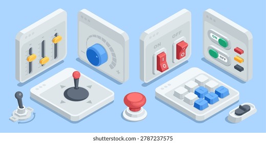 Isometric vector set of controls, in color on a blue background, buttons and switches, as well as a joystick and sliders