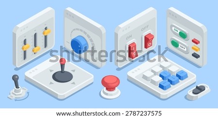 Isometric vector set of controls, in color on a blue background, buttons and switches, as well as a joystick and sliders