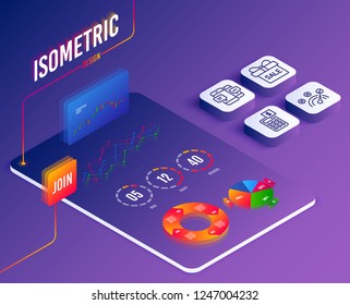 Isometric vector. Set of Correct answer, Smartphone sms and Sale offer icons. Calculator sign. Speed symbol, Mobile messages, Gift box. Money management.  Software or Financial markets. Vector