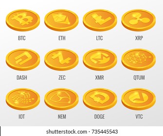 Isometric Vector set of Cryptocurrency gold coins with Bitcoin, ETH, LTC, XRP, DASH, ZEC, XMR, QTUM, IOT, NEN, DOGE, VTC. Digital virtual currency, form of money uses cryptography for security