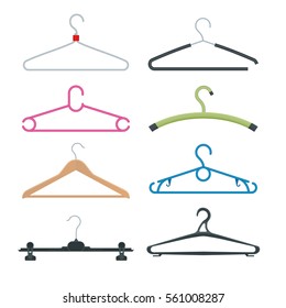 Isometric vector set of different clothes hangers isolated on white background. Collection includes wooden, plastic, metallic, old, new, vintage, and modern coat hangers.