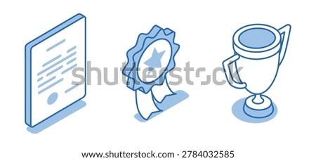 Isometric vector set of diploma and trophy icons on white background, awards and achievements