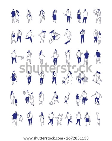 Isometric vector set of diverse people in monochrome line style. Everyday actions like walking, cycling, meeting, family leisure, communication, and outdoor activity.