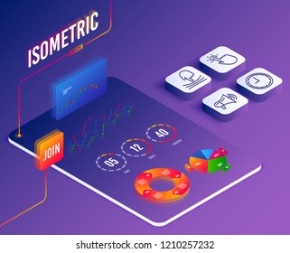 Isometric vector. Set of Elastic, Touchpoint and Time icons. Megaphone sign. Resilience, Touch technology, Office clock. Advertisement.  Software or Financial markets. Analysis data concept. Vector