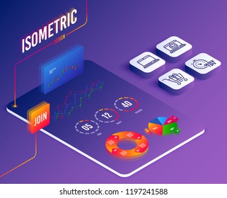 Isometric Vector. Set Of E-mail, Quick Tips And Notebook Icons. Shopping Cart Sign. New Message, Helpful Tricks, Laptop Computer. Gift Box.  Software Or Financial Markets. Analysis Data Concept