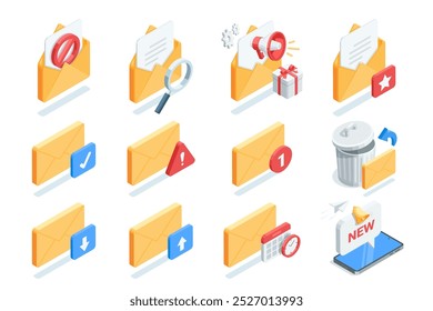 isometric vector set of envelopes and icons, in color on white background, email and messages