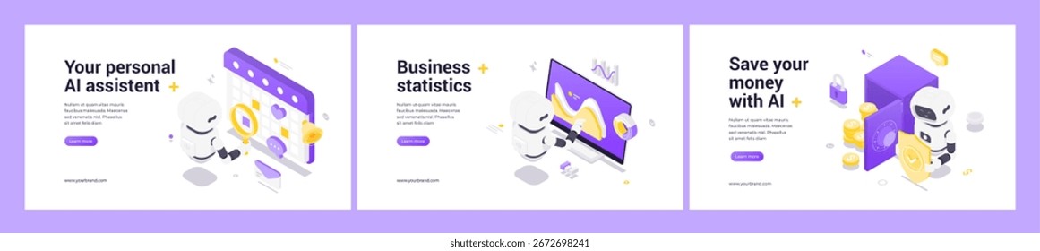 Isometric vector set featuring AI robots for personal task management, business data analysis, and secure financial savings with advanced automation and technology.