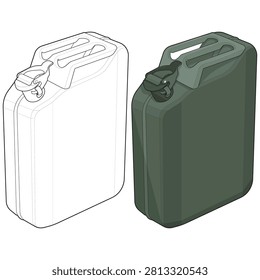 Isometric vector set featuring a military-style fuel jerry can in both colored and outline versions. Designed for fuel storage, liquid transportation, emergency fuel supply, automotive service, industrial operations, logistics, construction, off-road travel, camping, and equipment maintenance. Ideal for engineering documentation, safety manuals, technical illustrations, industrial catalogs, maintenance guides, educational resources, logistics presentations, and commercial design projects. Clean editable vector graphics isolated on a white background.
