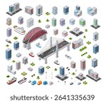Isometric vector set featuring various elements for constructing a cityscape, including bridges, buildings, trees, vehicles, and ships, ideal for urban planning or architectural visualizations