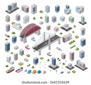 Isometric vector set featuring various elements for constructing a cityscape, including bridges, buildings, trees, vehicles, and ships, ideal for urban planning or architectural visualizations