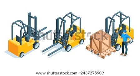 isometric vector set of forklift with pallet and box and working man, in color on a white background, warehouse equipment and staff