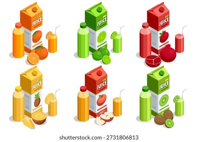 Vetor isométrico conjunto de caixa de papelão e garrafa de suco de fruta. Coleção inclui laranja, limão, romã, abacaxi, maçã e sabor kiwi com vidro e palha. Design de pacote de produtos para mercearia isolado em