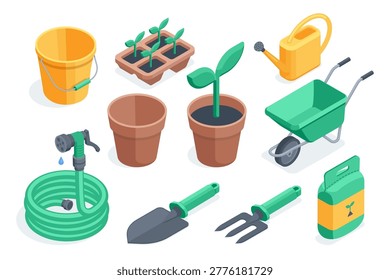 Isometric vector set of gardening tools and accessories, in color on a white background, a cart next to a watering can and a bucket, as well as a hose and a flower pot with sprouts