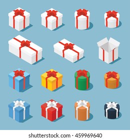 Isometric vector set of gift boxes / presents. Collection of gift boxes with a bows of different type - square boxes, round boxes, opened boxes, and boxes of some different colors. 