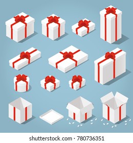 Isometric vector set of gift boxes / presents. Collection of gift boxes with a bows of different type - square box, round and opened one.
