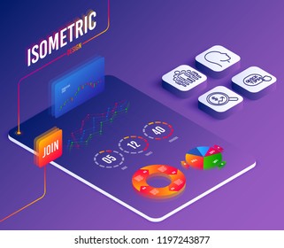 Isometric Vector. Set Of Head, Quick Tips And Group Icons. Currency Audit Sign. Human Profile, Helpful Tricks, Managers. Money Chart.  Software Or Financial Markets. Analysis Data Concept. Vector