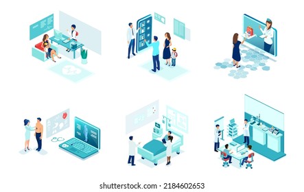 Isometric Vector Set Of Health Care Professionals Doctors And Nurses Providing Medical Services To Patients 