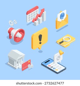Isometric vector set of icons on the topic of business taks, in color on a blue background, phone and message icons, as well as a chart with an arrow and a loudspeaker