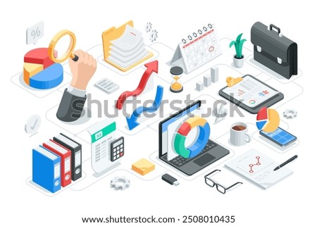 isometric vector set of icons on the topic of business analytics, in color on a white background, charts and diagrams on paper and a laptop, as well as folders and a briefcase