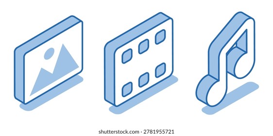 Isometric vector set of image icons next to video and music on a white background, multimedia in social networks