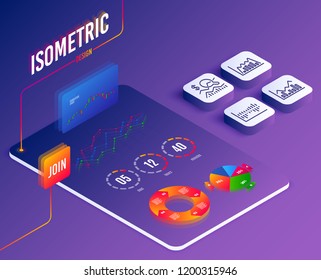 Isometric vector. Set of Infochart, Infographic graph and Check investment icons. Column diagram sign. Stock exchange, Line diagram, Business report. Sale statistics.  Software or Financial markets
