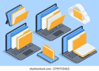 Isometric vector set of laptop and tablet and smartphone icons with a folder in a program window next to a  cloud, in color on a blue background, working with business files on a gadgets