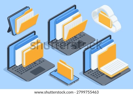 Isometric vector set of laptop and tablet and smartphone icons with a folder in a program window next to a  cloud, in color on a blue background, working with business files on a gadgets