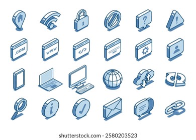 Isometric vector set of linear badges on the theme of computers and the Internet, in color on a white background, IT technology and SEO