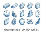 isometric vector set of linear icons on the theme of finance, in color on a white background, money and wallet with calculator and piggy bank with  calendar