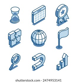 isometric vector set of linear icons of puzzle and globe as well as flag and growing chart, in color on white background, management and business success