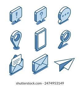 isometric vector set of linear icons of messages and mail on a smartphone, in color on a white background, mail messages and correspondence