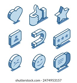 isometric vector set of linear icons of likes and emoticons and magnet, in color on a white background, attracting likes and social media management