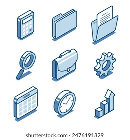 isometric vector set of linear icons of folders with a briefcase and also with a clock and a calculator, in color on a white background, business and finance