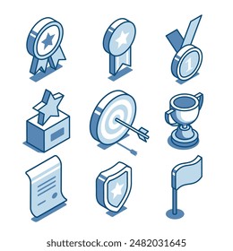 isometric vector set of linear icons in the form of awards, in color on a white background, cups and medals or victory and achieving a goal